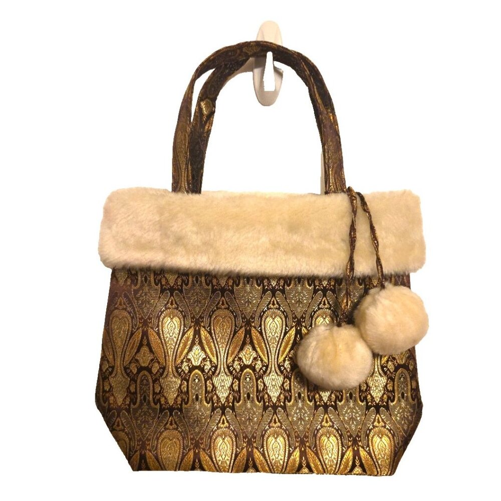 Tote Bag Bath and Body Works Fur Pom Poms Gold Off White Holiday Christmas